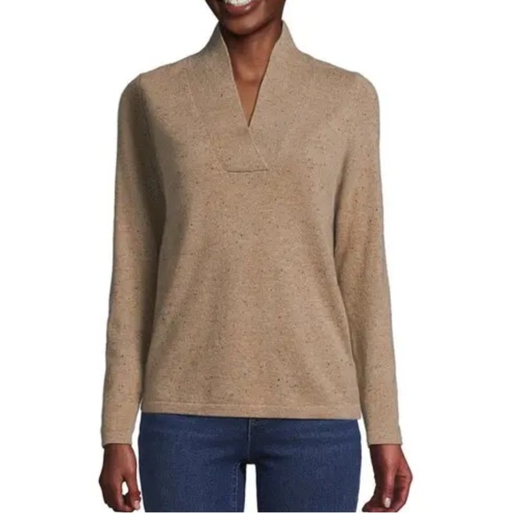 NWT LANDS' END Cashmere Shawl Neck Sweater Vicuna Heather Donegal Tan Size S - Picture 1 of 12